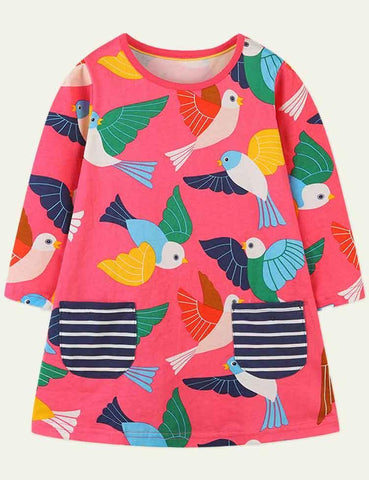 Bird Printed Long Sleeve Dress - CCMOM