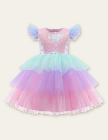 Rainbow Mesh Flounced Sleeve Party Dress