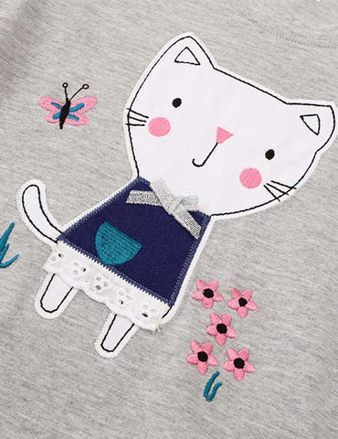 Garden Embroidered Kitten Appliqué Long Sleeve Dress