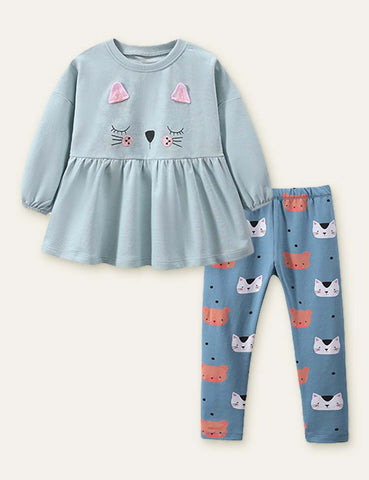 Kitten Embroidery Sweatshirt + Animal Printed Leggings