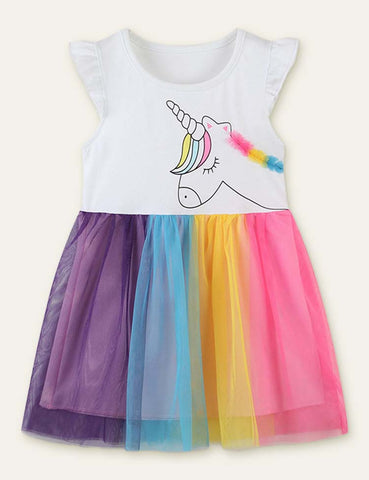 Rainbow Unicorn Printed Mesh Dress