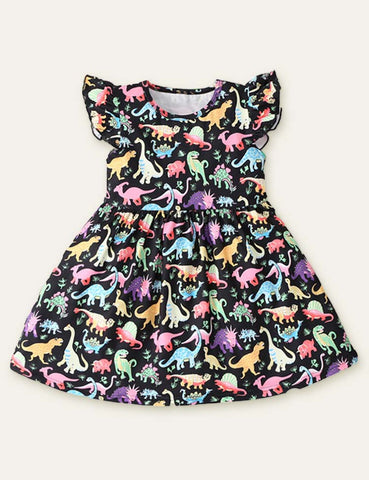 Toddler Girl Dinosaur Butterfly Printed Flutter Sleeves Splice Dress