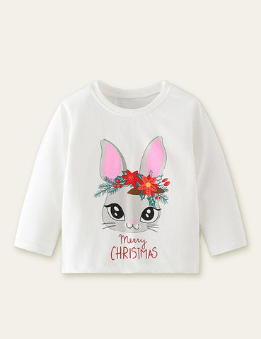 Christmas Rabbit Printed Long-Sleeved T-shirt