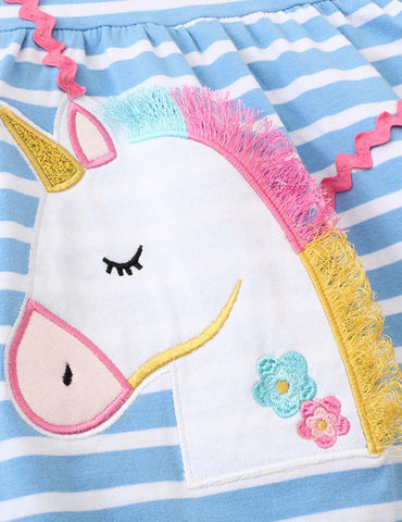 Unicorn Appliqué Embroidered Striped Dress