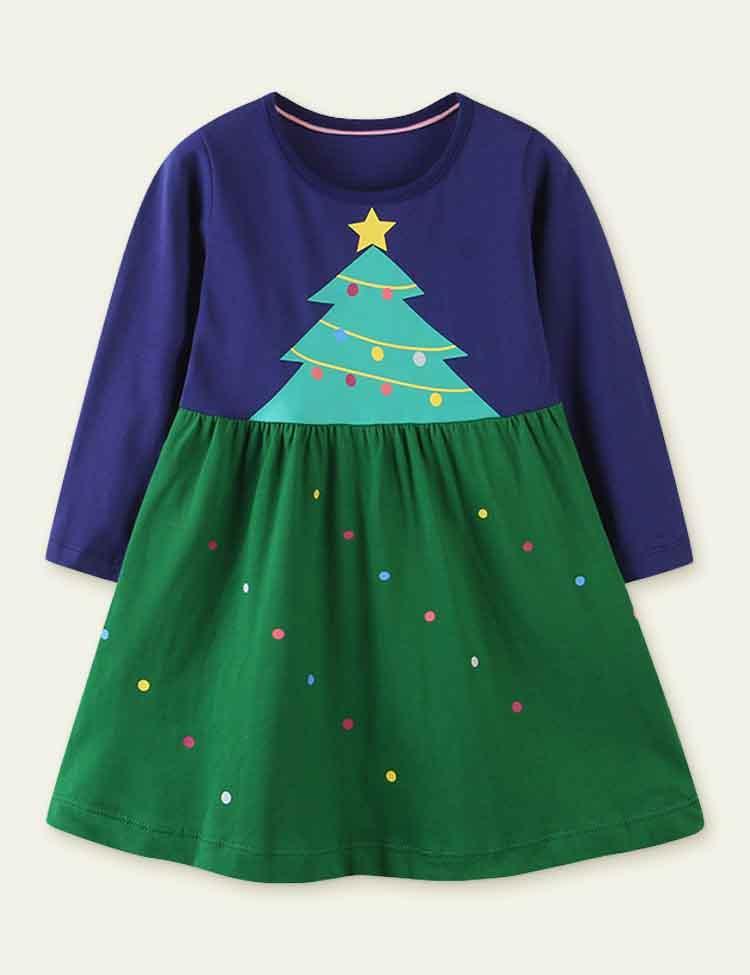 Christmas Tree Print Long Sleeve Dress - CCMOM