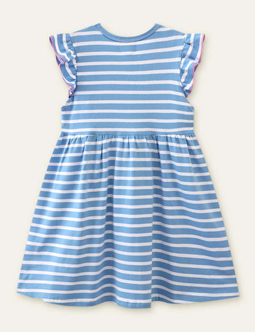 Unicorn Appliqué Embroidered Striped Dress