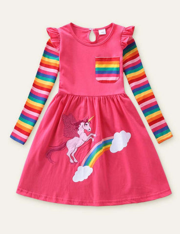 Unicorn Appliqué Embroidered Rainbow Dress