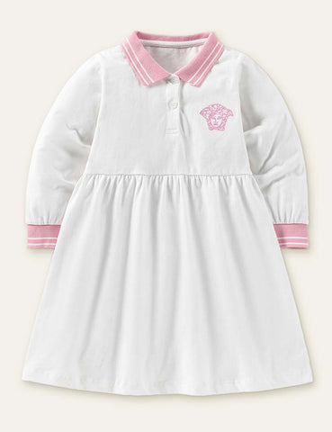 Girl's Embroidered Polo Long-Sleeved Dress