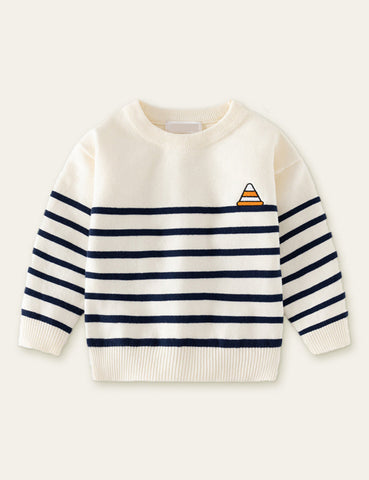 Cartoon Embroidered Striped Sweater