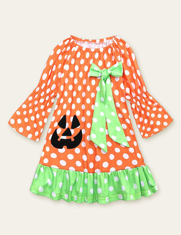 Halloween Ghost Pumpkin Appliqué Polka Dot Dress