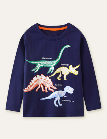 Glowing Dinosaur Printed Long-Sleeved T-shirt