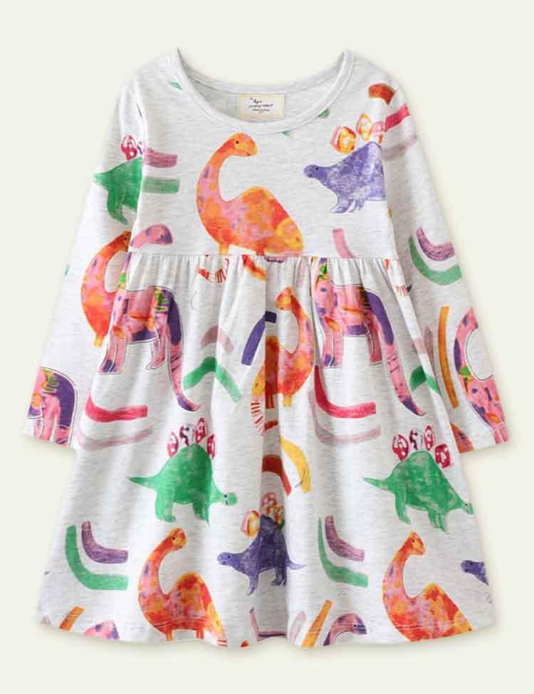 Dinosaur Print Long Sleeve Dress - CCMOM