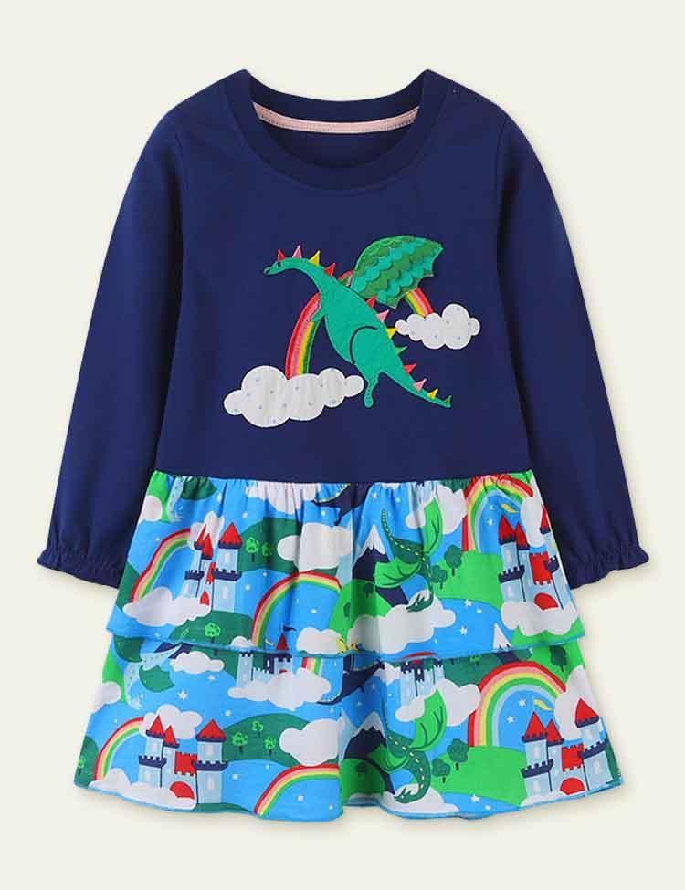 Dragon Appliqué Long Sleeve Dress - CCMOM