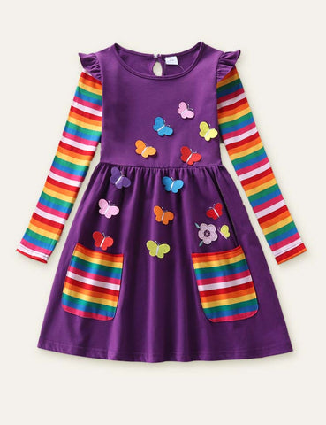 Flower Butterfly Appliqué Rainbow Long Sleeve Dress