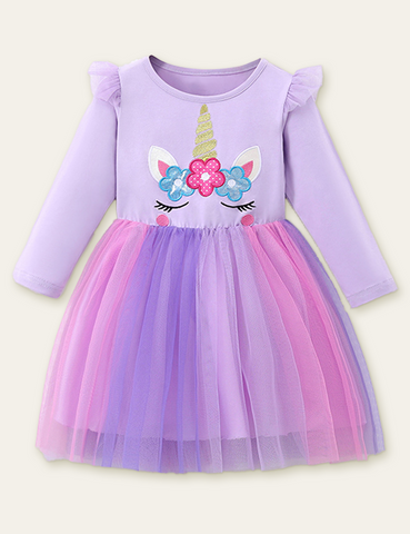 Unicorn Appliqué Rainbow Mesh Princess Dress