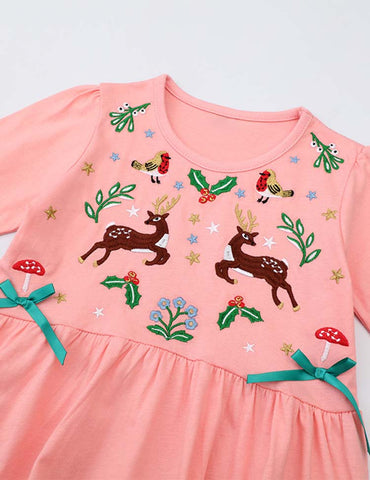 Bird Deer Garden Embroidered Dress