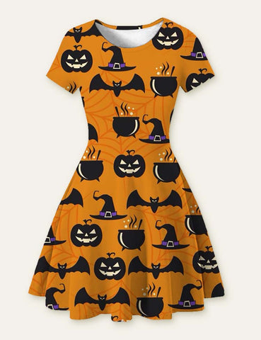 Halloween Ghost Bat Cartoon Printed Dress