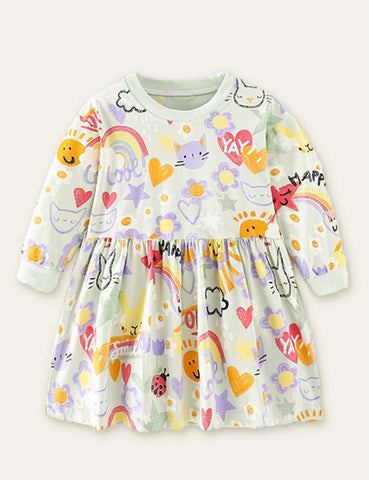 Rainbow Cartoon Full Printed Long Sleeve Dress