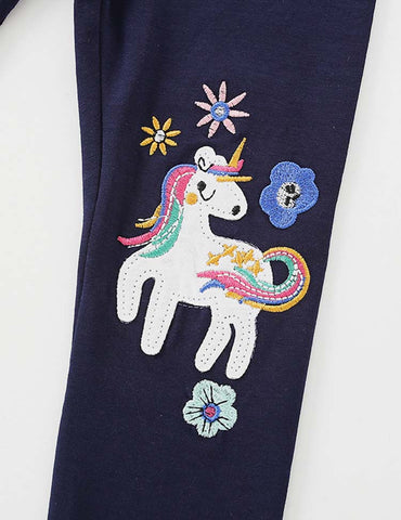 Unicorn Appliqué Flower Embroidered Leggings