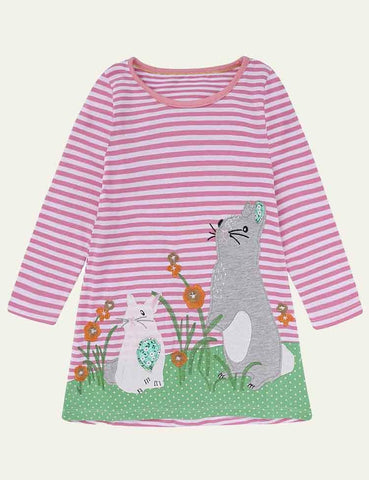 Embroidered Fun Animals Long Sleeve Dress - CCMOM