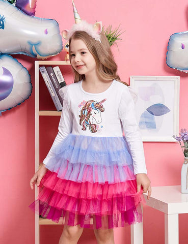 Sequined Unicorn Printed Mesh Party Dress