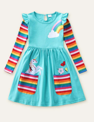 Unicorn Flowers Appliqué Rainbow Long Sleeve Dress