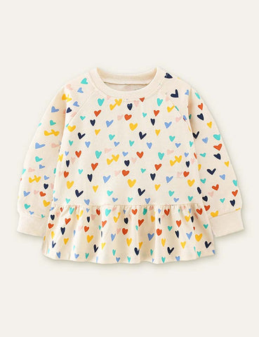 Heart Printed Ruffled Long Sleeve T-shirt