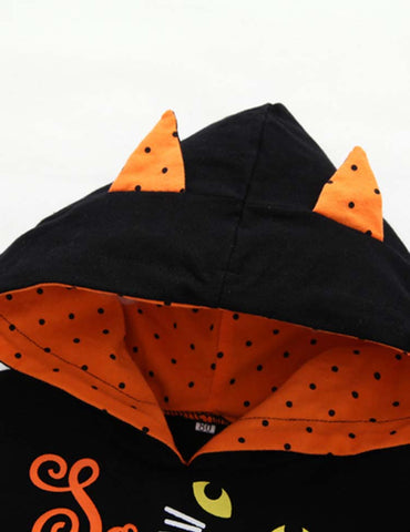 Halloween Letter Printed Dot Mesh Hooded Set