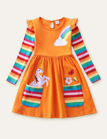 Unicorn Flowers Appliqué Rainbow Long Sleeve Dress