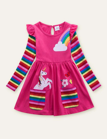 Unicorn Flowers Appliqué Rainbow Long Sleeve Dress