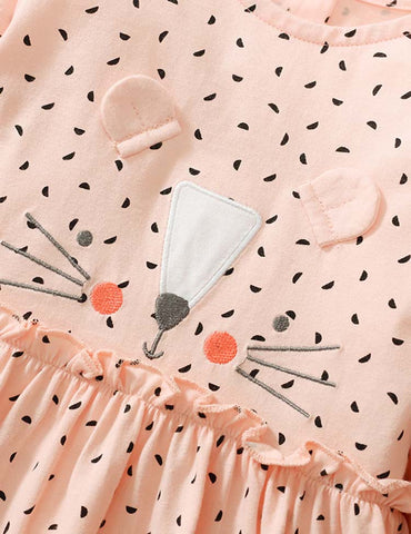 Cute Kitten Embroidered Polka Dot Long Sleeve Dress