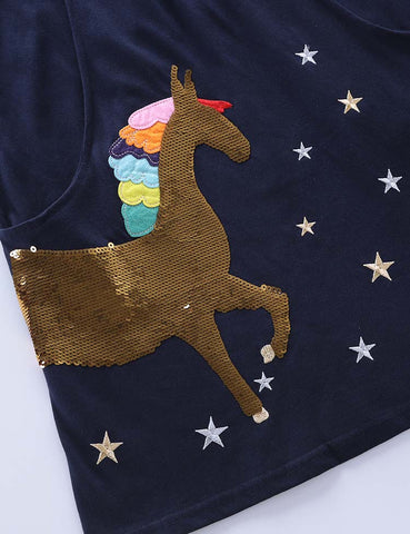 Sequined Unicorn Appliqué Star Embroidered Rainbow Dress