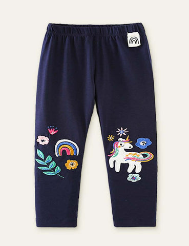 Unicorn Appliqué Flower Embroidered Leggings