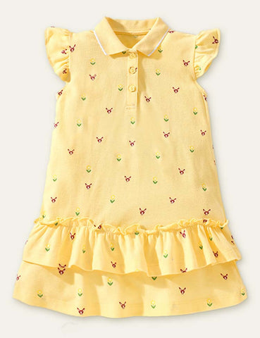 Toddler Girl Cartoon Printed Button Design Ruffle Hem Flutter-sleeve Dress