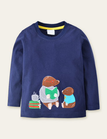 Cartoon Mole Appliqué Long Sleeve T-shirt