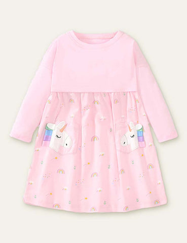 Unicorn Appliqué Pocket Rainbow Printed Dress