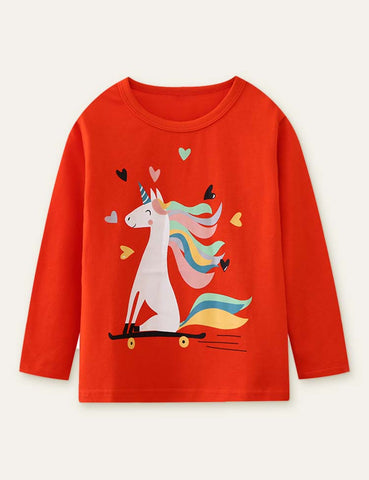 Unicorn Scooter Printed Long-Sleeved T-shirt