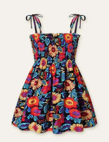 Toddler Girl Floral Fruit Full Printed High Waist Spaghetti Strap Dress