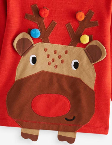 Elk Appliqué Fur Ball Long Sleeve T-shirt