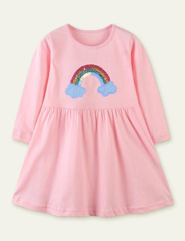 Girls' Rainbow Sequined Long Sleeve Princess Dress - CCMOM