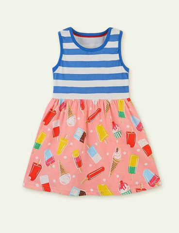 Ice-cream Print Striped Sleeveless Dress - CCMOM