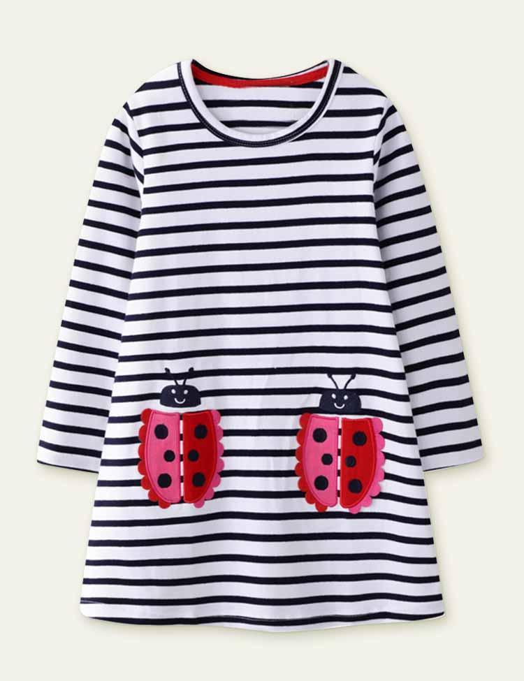 Ladybug Appliqué Striped Long-Sleeved Dress - CCMOM