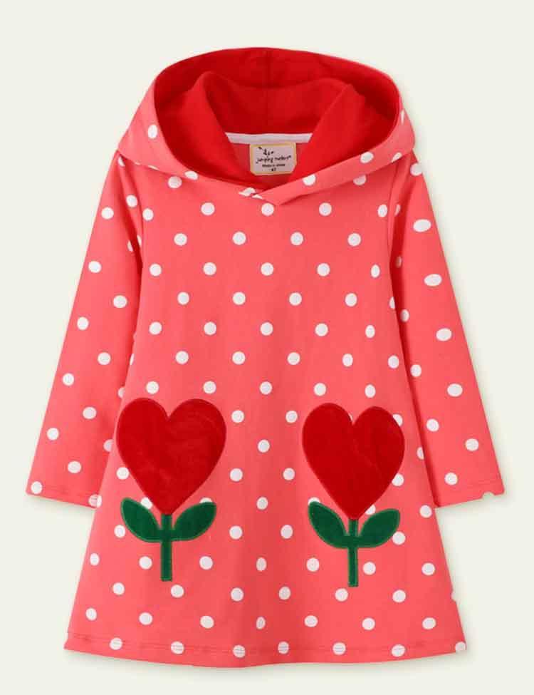 Love Flower Appliqué Long Sleeve Hooded Sweater Dress - CCMOM