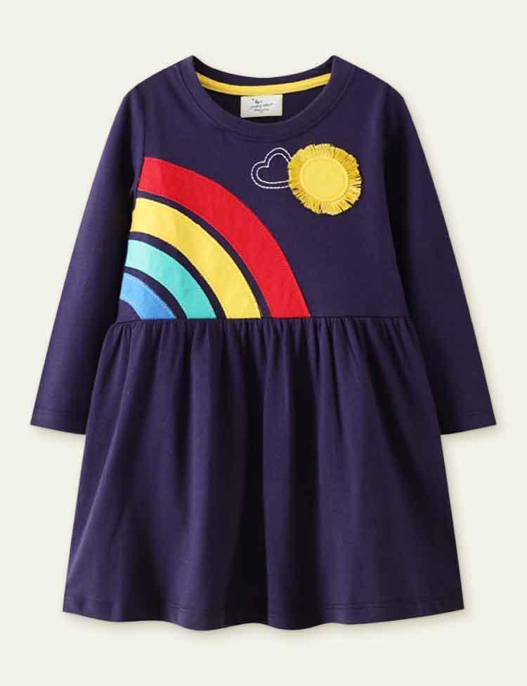 Rainbow Appliqué Long Sleeve Dress - CCMOM