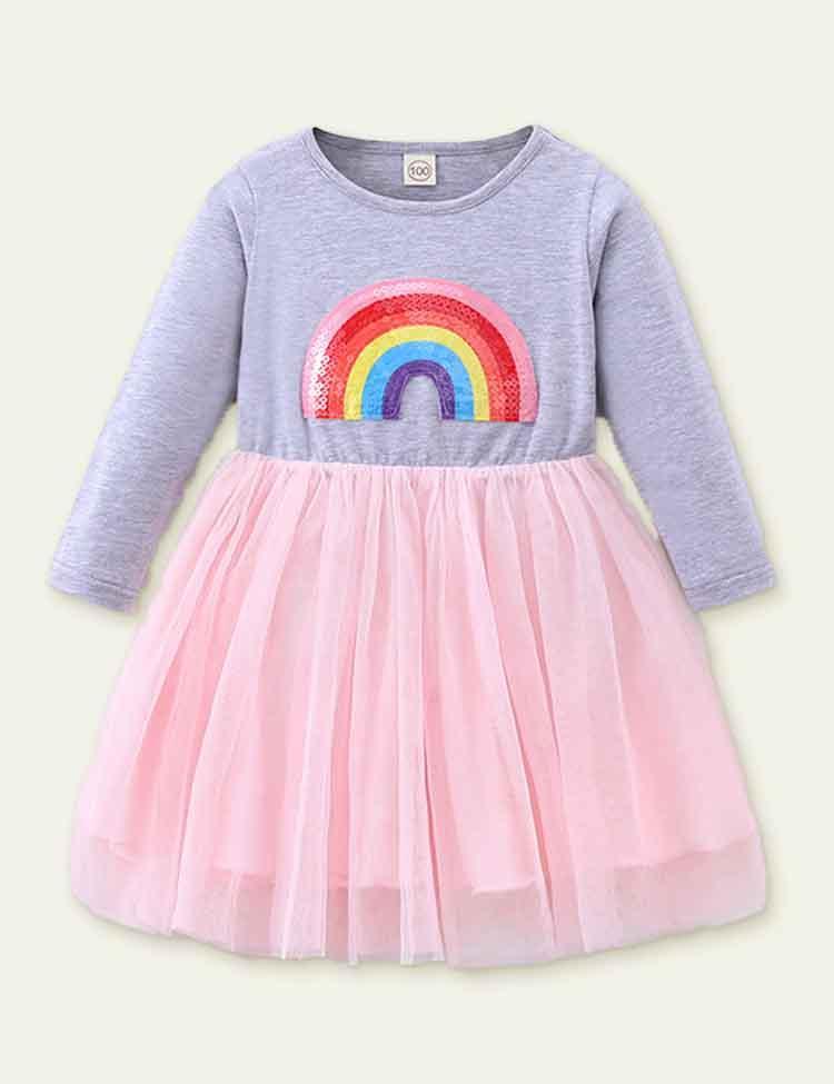 Rainbow Appliqué Sequined Long Sleeve Dress - CCMOM