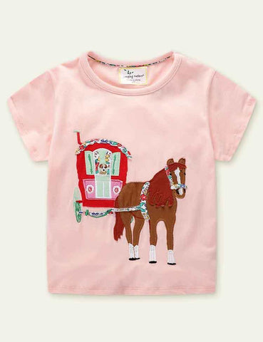 Rainbow Carriage Appliqué Girl's Knitted T-shirt - CCMOM