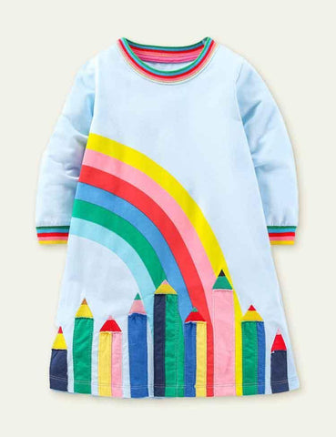 Rainbow Pencil Appliqué Long Sleeve Dress - CCMOM