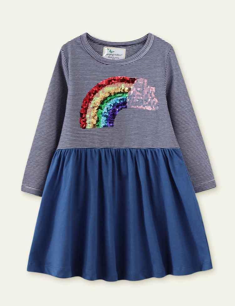 Rainbow Sequined Long Sleeve Striped Dress - CCMOM