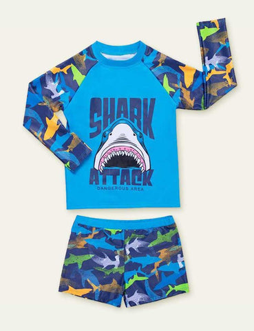 Shark Long Sleeve Stitching Split Swimsuit - CCMOM