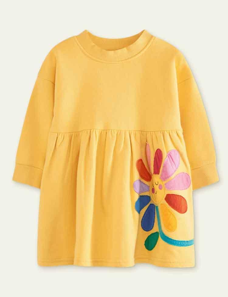 Sunflower Appliqué Long-Sleeved Dress - CCMOM